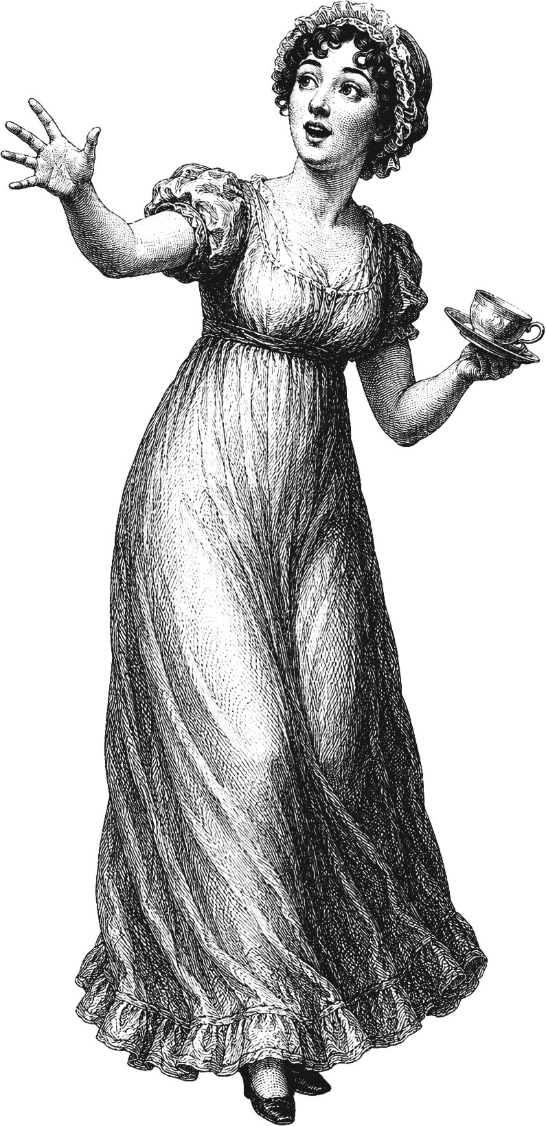 Jane Austen holding a teacup before the catch